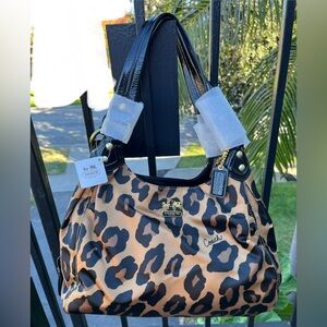 NWT Coach Madison Maggie ocelot print fabric/patent leather shoulder bag tote